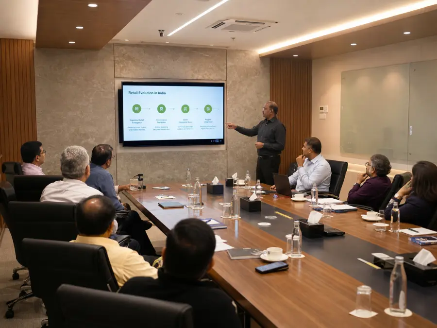 Rajalingam Rathinam in a Retail board meeting with leadership team